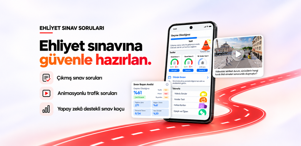 Real interface of the Ehliyet Sınav Soruları app, showing practice questions and study progress